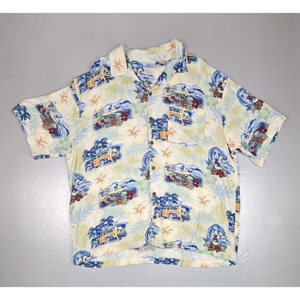 Vintage Walt Disney Mickey Mouse Button Up Shirt‎ Mens XL "Hang Ten" Surf AOP